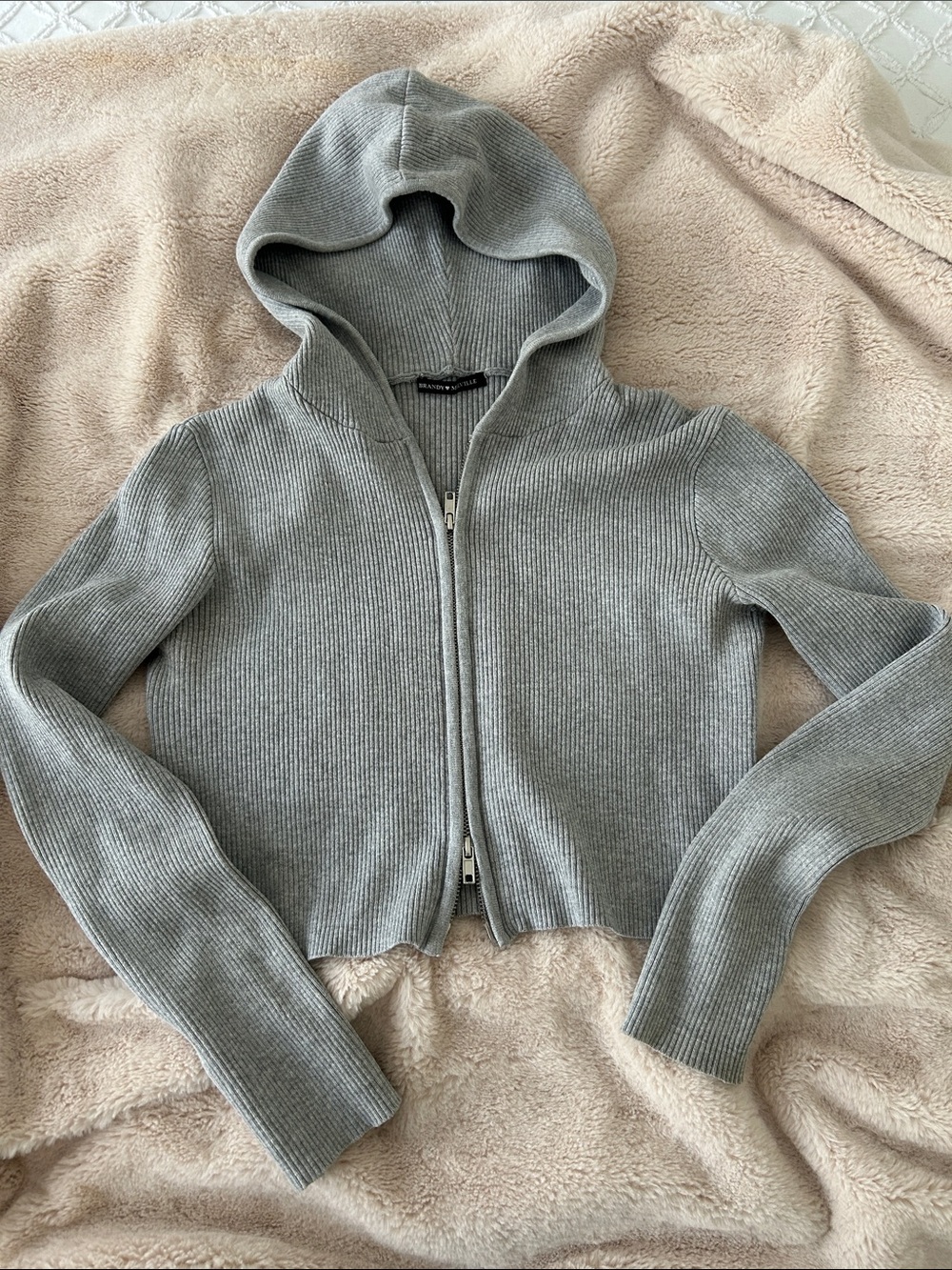 Brandy Melville Gray Ribbed Zip-Up Hoodie